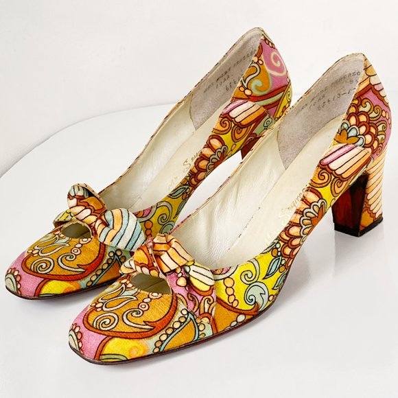 MR SEYMOUR Vintage 60's 70's Psychedelic Floral Bow Pumps Size 10AA RARE - Picture 3 of 15